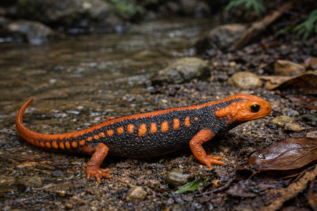 浅い沢の河辺で、黒い体に鮮やかなオレンジ色の斑紋を持つミナミイボイモリが歩いている様子