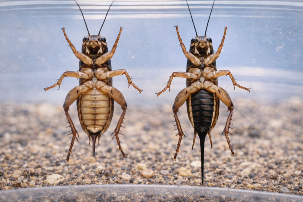フタホシコオロギのオスとメスの比較画像。左がオスで産卵管が伸びている右側がメス