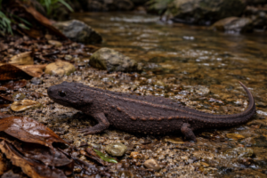 沖縄の山間部の浅い沢沿いで、湿った落ち葉と泥の混じる河辺を移動する沖縄イボイモリ